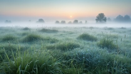Misty Morning Sun Rises Over Field