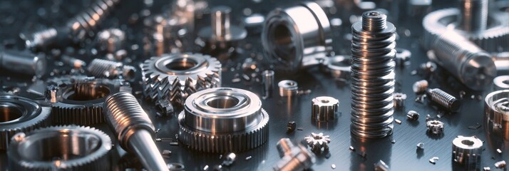 A Detailed Collection of Precision Engineered Metal Components Showcasing Various Gears, Springs, and Fasteners on a Dark Background