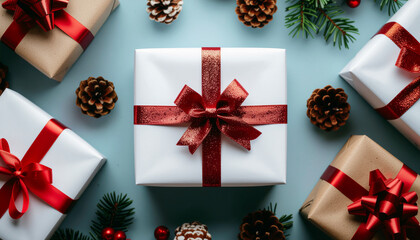 Christmas Wrapping Supplies Flat Lay with Ribbons, Bows and Paper — Creative Gift Preparation Photography
