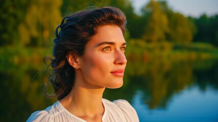 Profile woman thinking person female serene lake sunset nature outdoor, calm portrait with hopeful gaze, peaceful mood and natural beauty by forest water reflection, soft light golden hour near