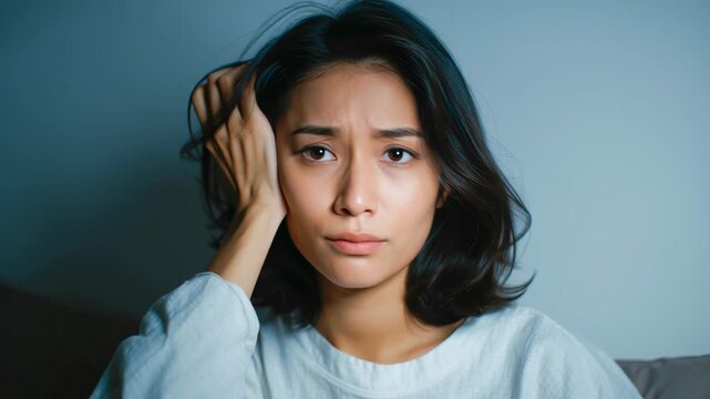 Calm woman thinking person female indoor evening soft light casual home portrait serene mood reflective gaze short dark hair hand on head peaceful solitude natural beauty contemplative pose moody tone