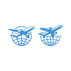 a blue logo depicting two airplanes flying around a globe representing worldwide travel and logistics in silhouette high quality