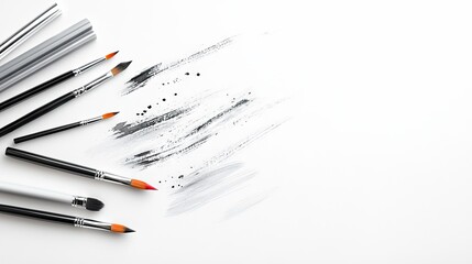 A collection of paint brushes arranged on a white surface, with visible brush strokes and paint splatters.