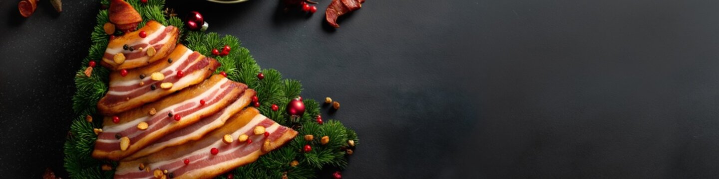 Men's Christmas. Sliced bacon Christmas tree. Christmas banner for men