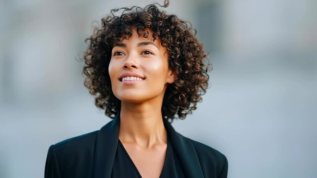 Confident woman thinking person female in city street portrait, natural smile, curly hair, soft light, calm mood, modern style, natural beauty, looking ahead with hope and focus in urban background