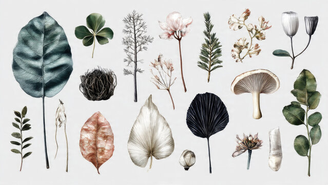 A diverse collection of illustrated botanical elements including leaves, flowers, a mushroom, and various plant structures on a white background.