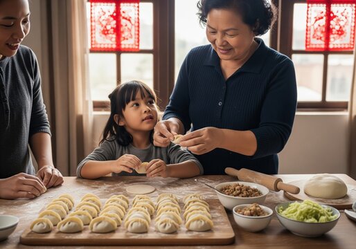 Three Generations Asian Family Making Traditional Homemade Dumplings Together
