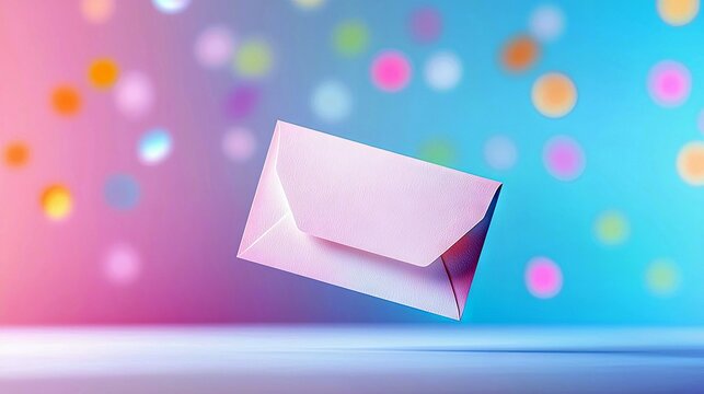 A pink envelope floats in front of a colorful bokeh background, creating a whimsical and dreamy atmosphere. - Powered by Adobe