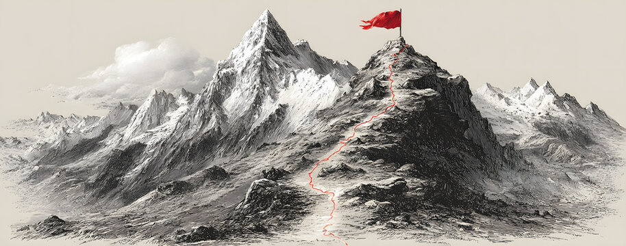 Sketch route to mountain peak. Hand drawn sketch mountains, path to top and climbing journey plan vector illustration set. Red flag on top. High destination, achievement and success symbol
