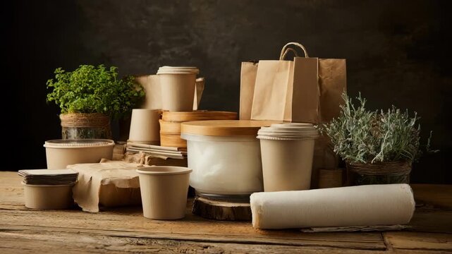 Plantbased packaging displayed on a wooden table showcasing sustainable containers and wraps derived from renewable botanical sources under soft lighting.