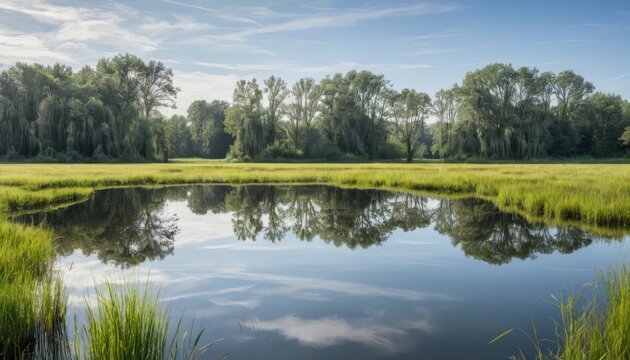 Peaceful pond reflects green trees and clear blue sky