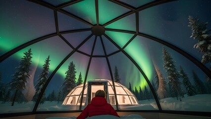 A person watches the Northern Lights from a cozy glass igloo in a snowy forest, surrounded by glowing auroras and a starry winter sky.