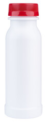 Bottle. White plastic bottle with red cap. Drinkable yogurt or kefir container for dairy products, beverages, probiotics, health drinks, breakfast nutrition. Food packaging design for branding