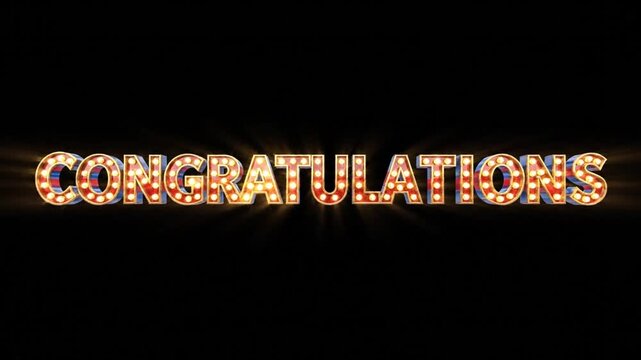 Bright Marquee Text Animation of the Word CONGRATULATIONS on a Black Background, Evoking Celebration and Success