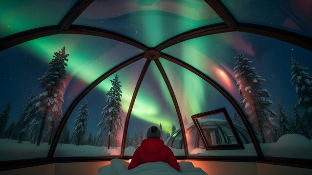 A person watches the Northern Lights from a cozy glass igloo in a snowy forest, surrounded by glowing auroras and a starry winter sky. - Powered by Adobe
