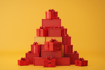 Pyramid of red shipping containers and festive gift boxes with ribbons on yellow background