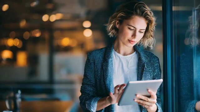 Medium shot of a young entrepreneur interacting with a chatbot interface on a tablet demonstrating AIbased postpurchase customer engagement.