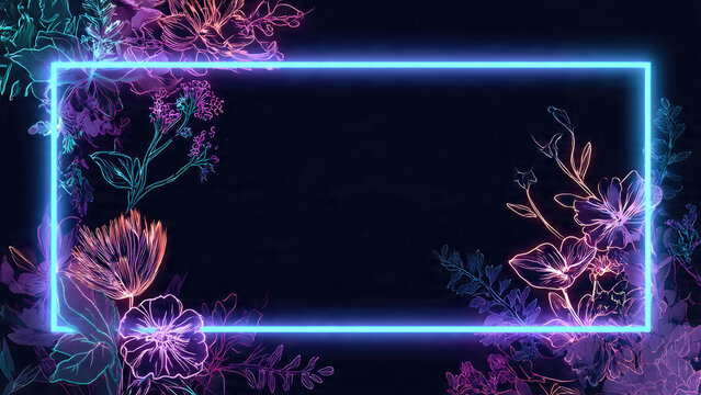 Vibrant neon blue frame with glowing pink and purple floral outlines on a dark background, offering a futuristic botanical aesthetic.