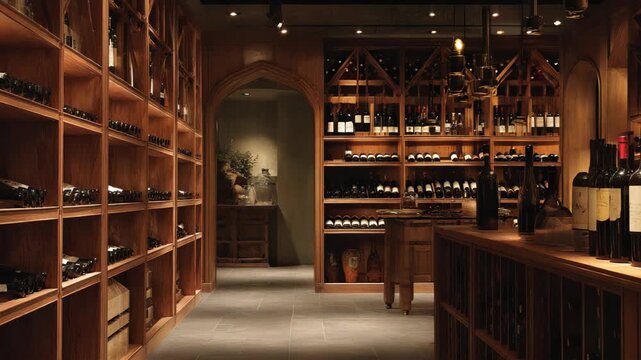 Elegant Wooden Wine Cellar Interior with Archway and Rows of Wine Bottles