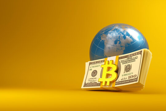 Bitcoin symbol with dollar bills and globe on yellow background