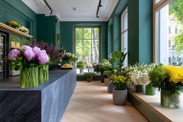 Flower shop interior featuring vibrant floral arrangements in glass vases, with a stylish counter and large windows allowing natural light to illuminate the space, creating a welcoming atmosphere