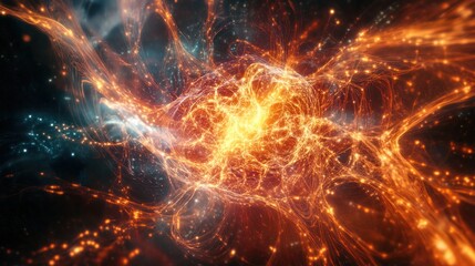 Abstract Cosmic Energy Explosion with Glowing Particles and Interconnected Filaments.