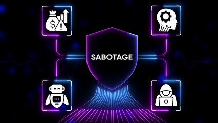 Digital sabotage concept with icons for finance risk artificial intelligence robot and hacker image
