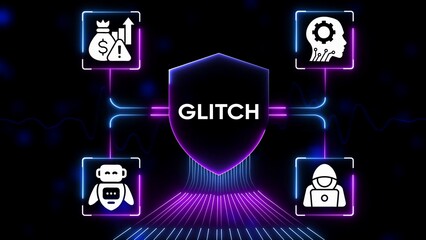 Digital shield with icons for finance A I robot and hacker connected by neon lines on dark background