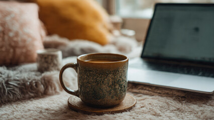 A textured coffee mug on a coaster, resting on a fluffy blanket beside a laptop. Inviting scene for cozy work or relaxation.