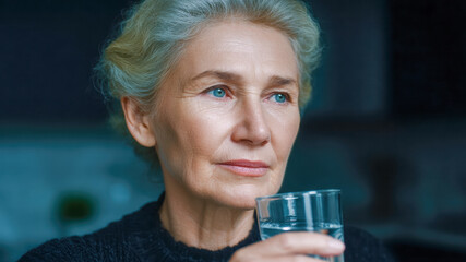 Calm woman thinking portrait person female senior with glass of water at home, natural light and soft focus create reflective mood and quiet moment