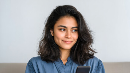 Calm woman thinking person female holding smartphone indoors with soft natural light, relaxed mood and gentle smile, casual blue shirt, modern home background, contemplative glance off camera