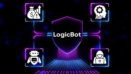 Logic Bot digital shield with icons for finance artificial intelligence robot and hacker on dark background with neon lights