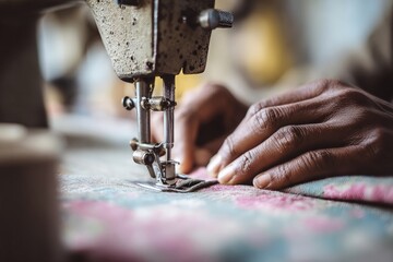 African American hands operate vintage sewing machine, carefully stitching colorful floral pattern fabric.
