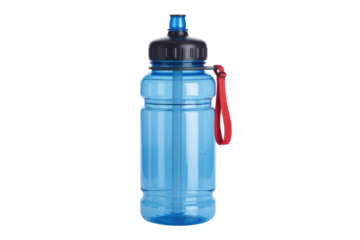 A vibrant blue plastic water bottle with a black screw cap, integrated straw, and red carrying strap, ideal for sports or daily hydration. background removed