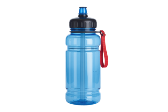 A vibrant blue plastic water bottle with a black screw cap, integrated straw, and red carrying strap, ideal for sports or daily hydration. background removed
