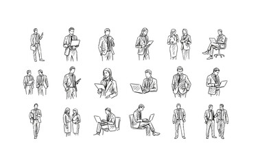 Fototapeta premium Diverse business professionals engaging in various corporate activities sketch