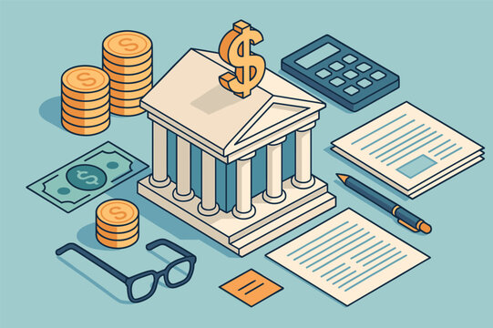Financial planning concept with isometric bank building and financial tools