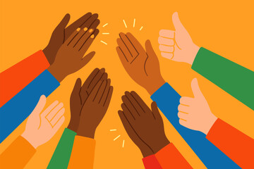 Fototapeta premium Diverse hands applauding and giving thumbs up in colorful flat style
