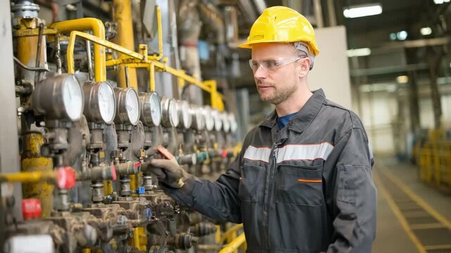 Technician adjusting valves on a gas control system to regulate gas levels during metal casting processes in an industrial plant