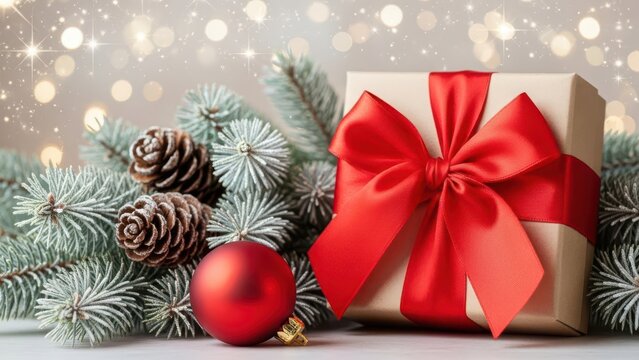 Christmas still life with red bauble frosted pinecone and kraft gift in silver bokeh - Powered by Adobe