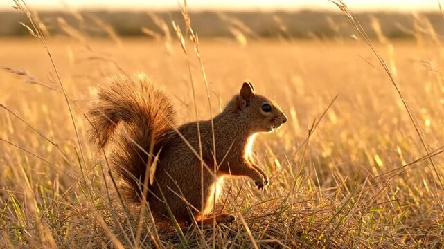squirrel exploring golden grassland during sunset with dynamic motion