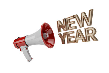 A red and white megaphone announcing "NEW YEAR" in elegant 3D metallic gold letters, symbolizing celebration and fresh beginnings. background removed