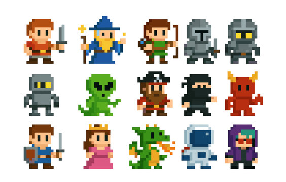 Colorful pixel art characters featuring warriors, wizards, and more
