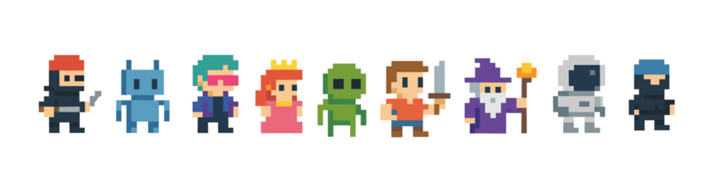 Retro pixel characters: ninja, robot, princess, alien, wizard, adventurer, cyborg