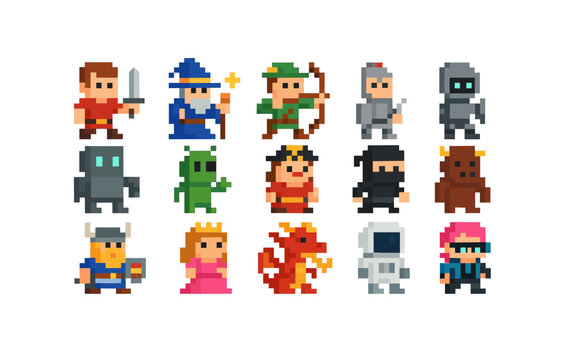 Retro pixel art characters: fantasy and adventure game sprites collection