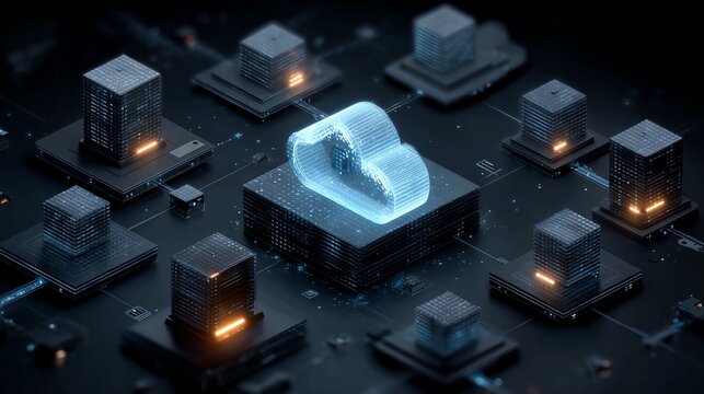 Cloud computing concept abstract technology illustration with glowing cloud and server blocks modern data st