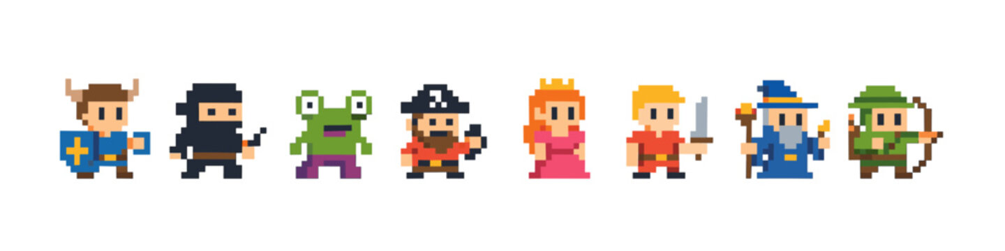 Pixel art characters collection featuring fantasy and adventure roles