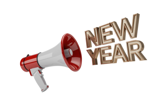 A red and white megaphone announcing "NEW YEAR" in elegant 3D metallic gold letters, symbolizing celebration and fresh beginnings. background removed