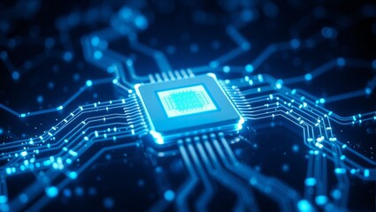 Futuristic Microchip on Circuit Board with Glowing Data Pathways