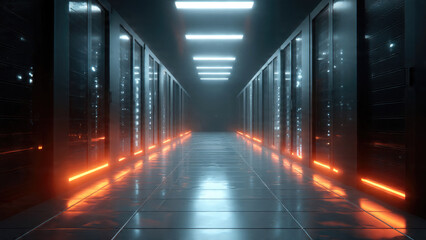A futuristic data center hallway with glowing server racks, illuminated by blue lights and vibrant orange accents, creating a high-tech digital corridor.